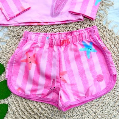 Linha Praia 3 Peças - Blusa Manga Longa Estrela do Mar, Short e Calcinha com Proteção UV50+ - Rosa